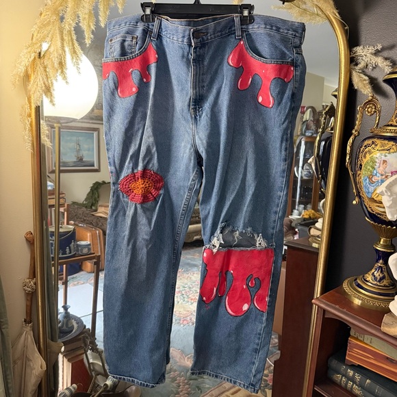 Other - Red Paint Drip and Embroidered Straight Relaxed Fit Jeans